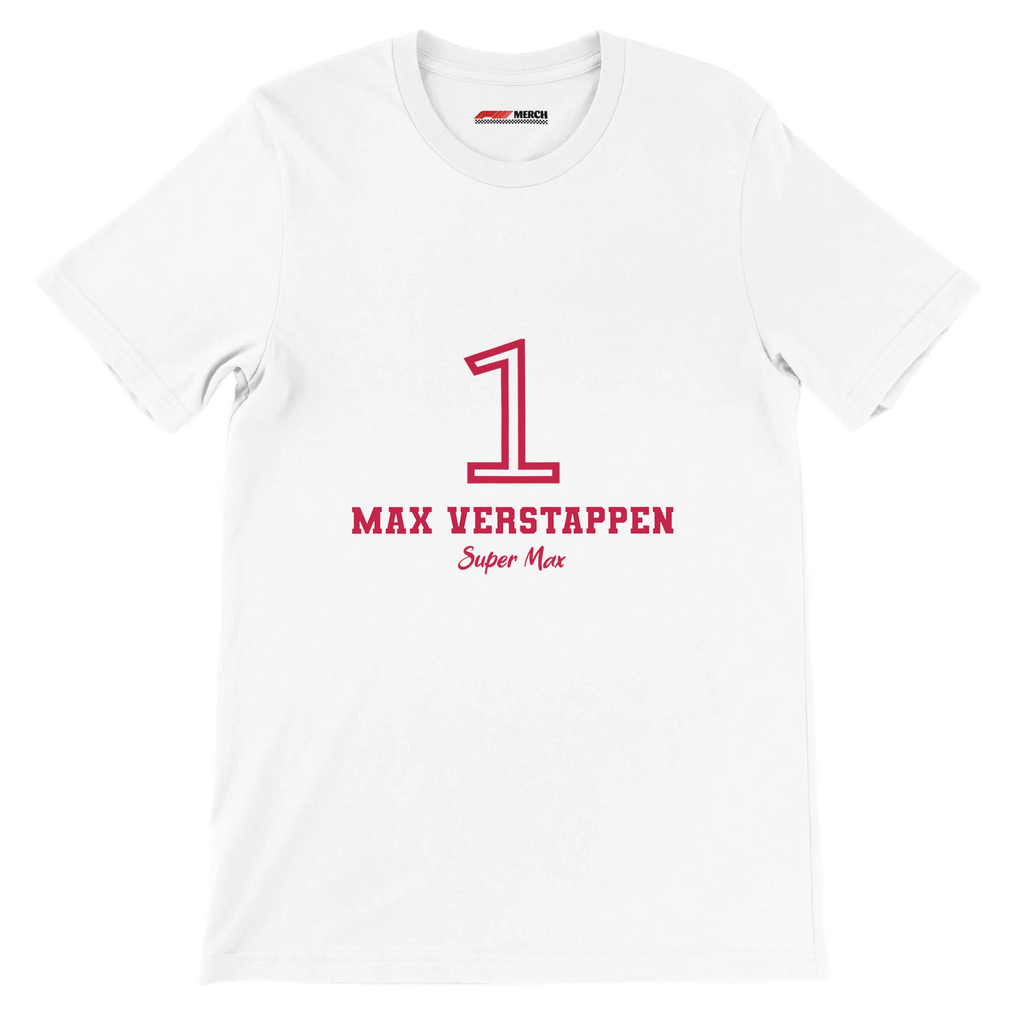 f111 merch white color t-shirt1 with max-verstappen branding.