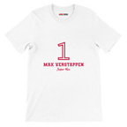 f111 merch white color t-shirt1 with max-verstappen branding.