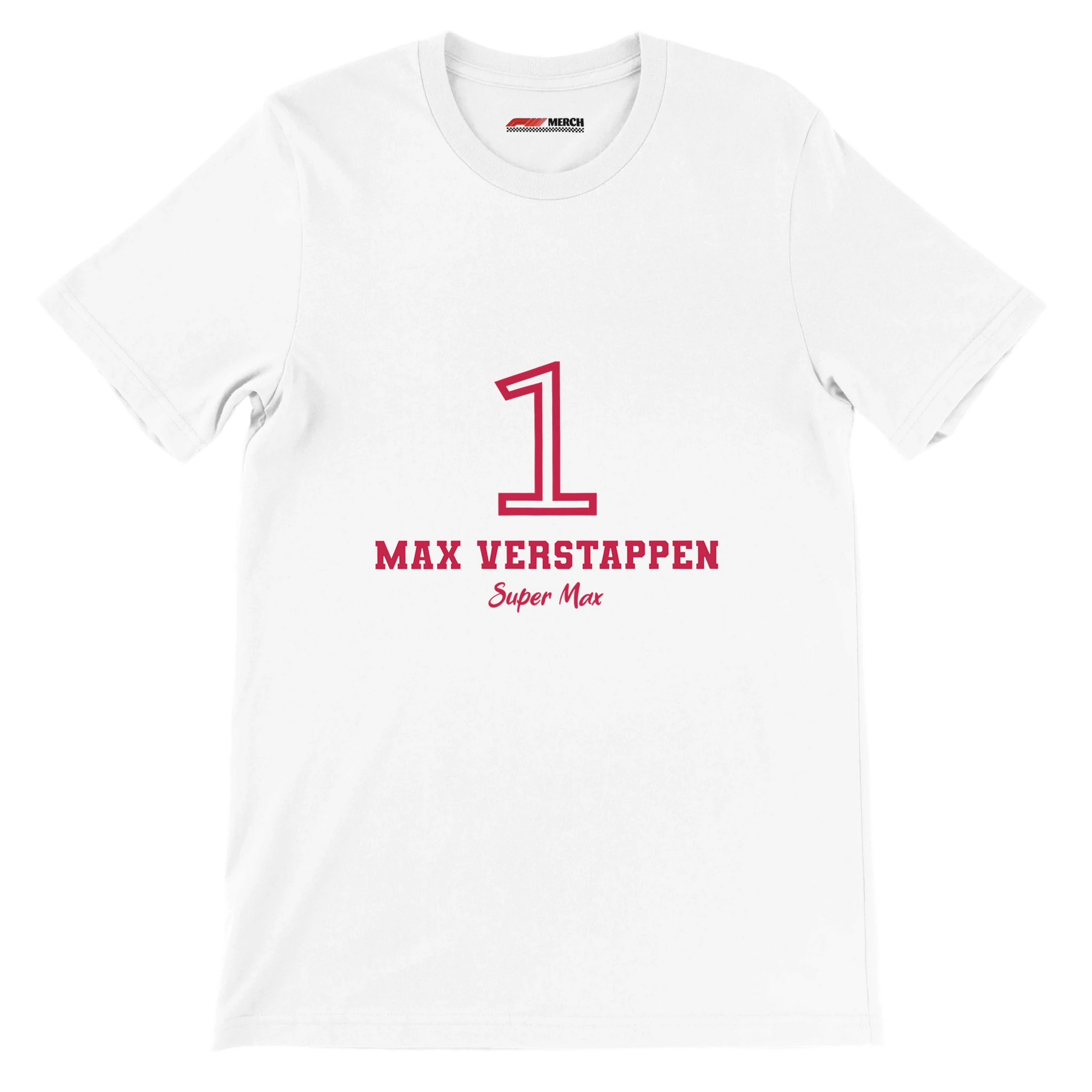 f111 merch white color t-shirt1 with max-verstappen branding.