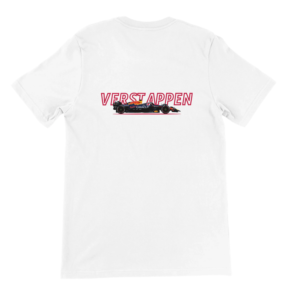 f111 merch white color t-shirt1 with max-verstappen branding.