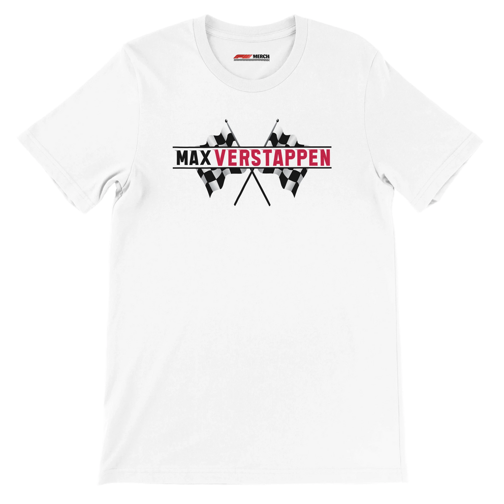 f111 merch white color t-shirt1 with max-verstappen branding.
