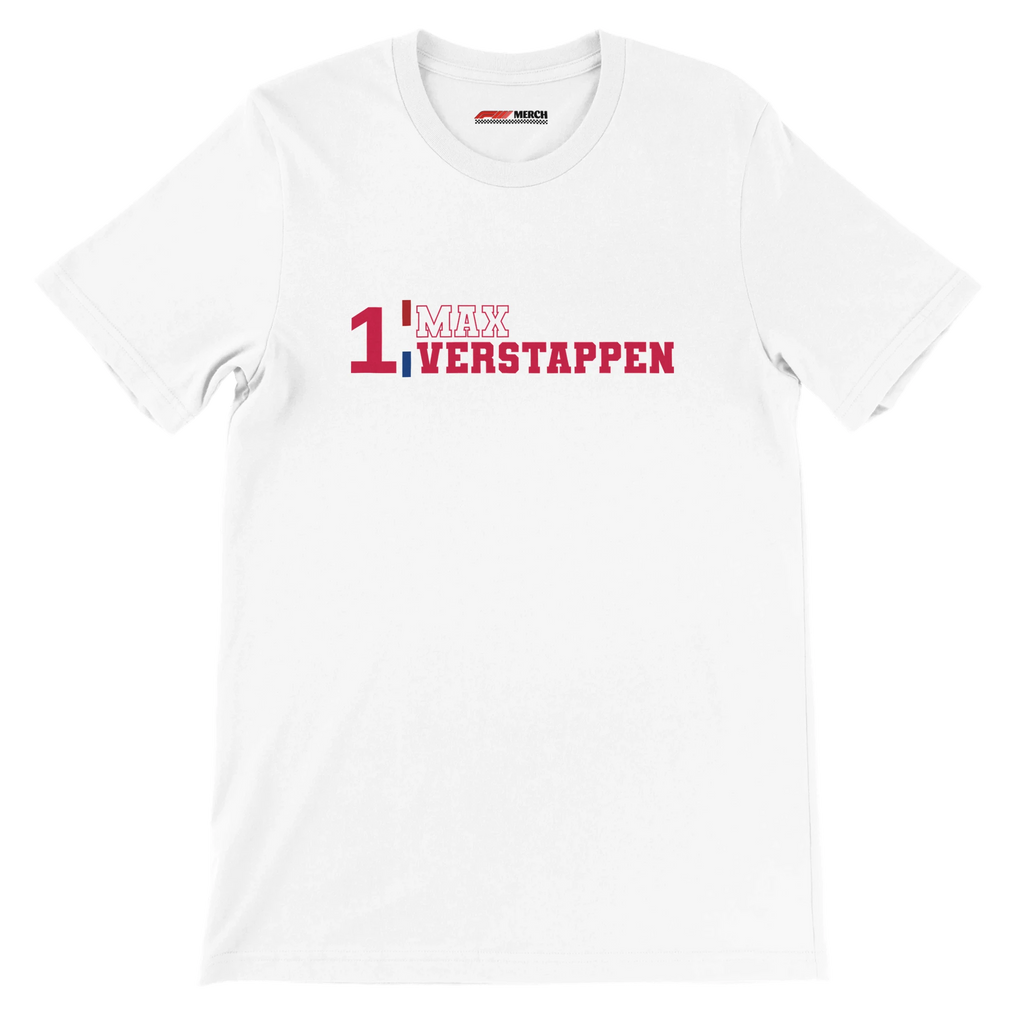f111 merch white color t-shirt1 with max-verstappen branding.