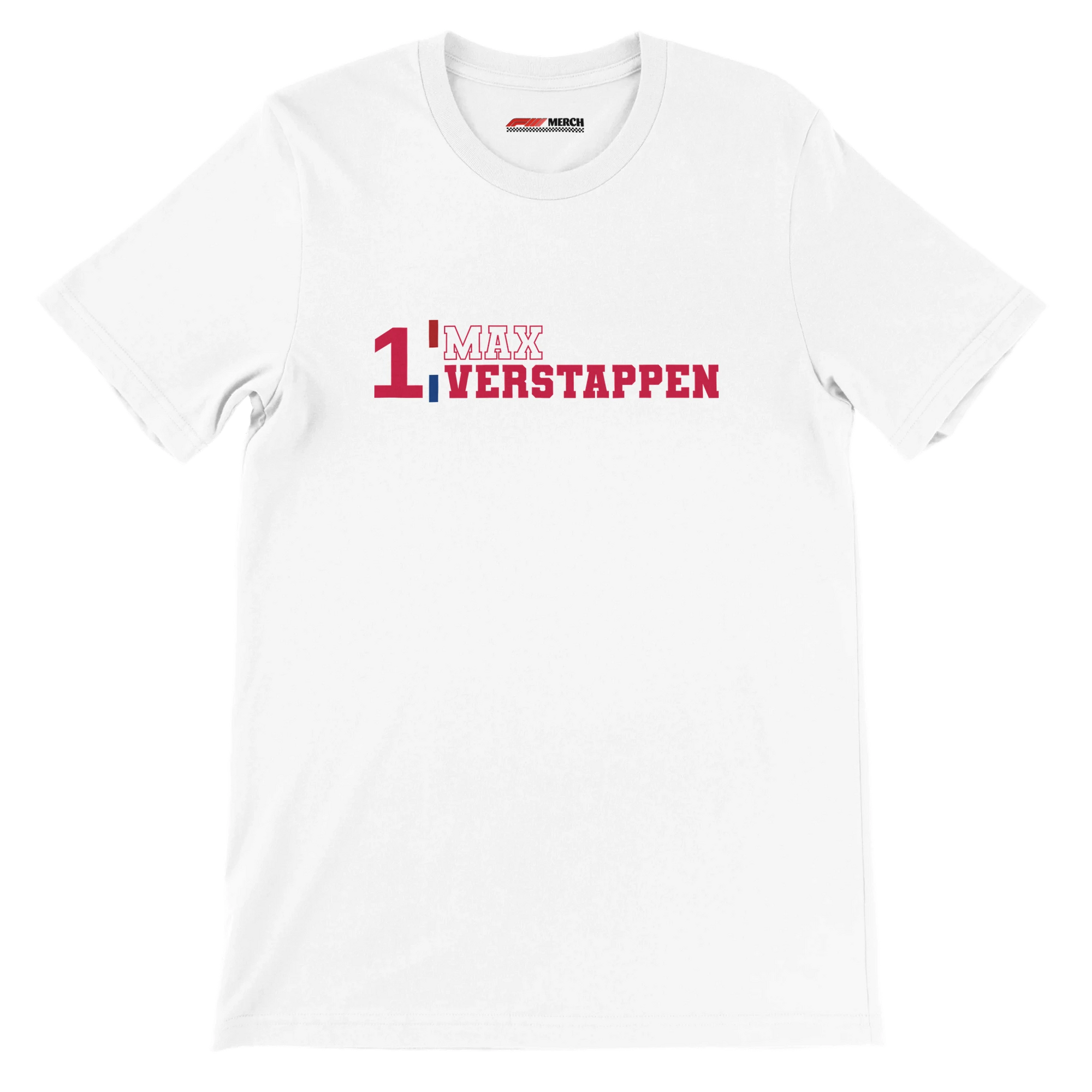 f111 merch white color t-shirt1 with max-verstappen branding.