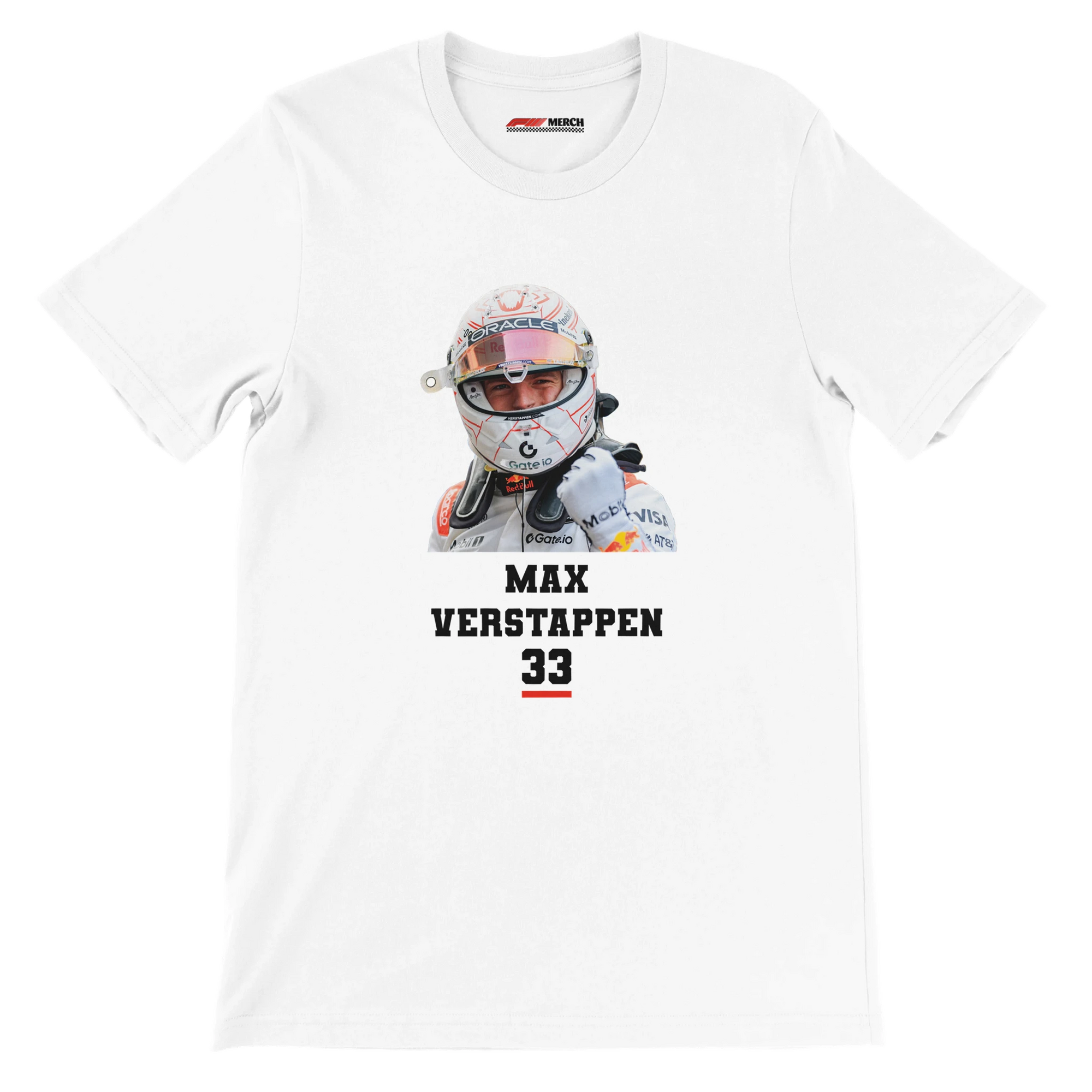 f111 merch white color t-shirt1 with max-verstappen branding.
