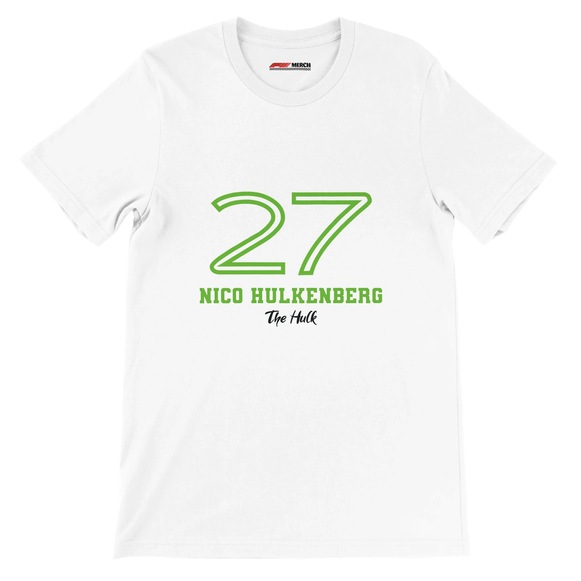 f111 merch white color t-shirt1 with nico-hulkenberg branding.