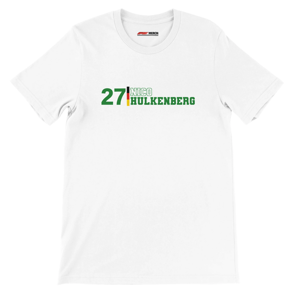 f111 merch white color t-shirt1 with nico-hulkenberg branding.