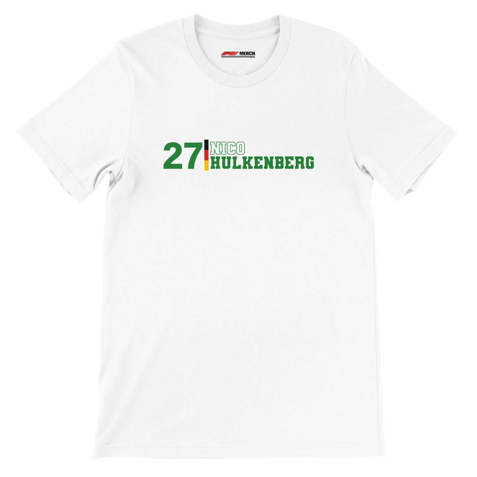 f111 merch white color t-shirt1 with nico-hulkenberg branding.