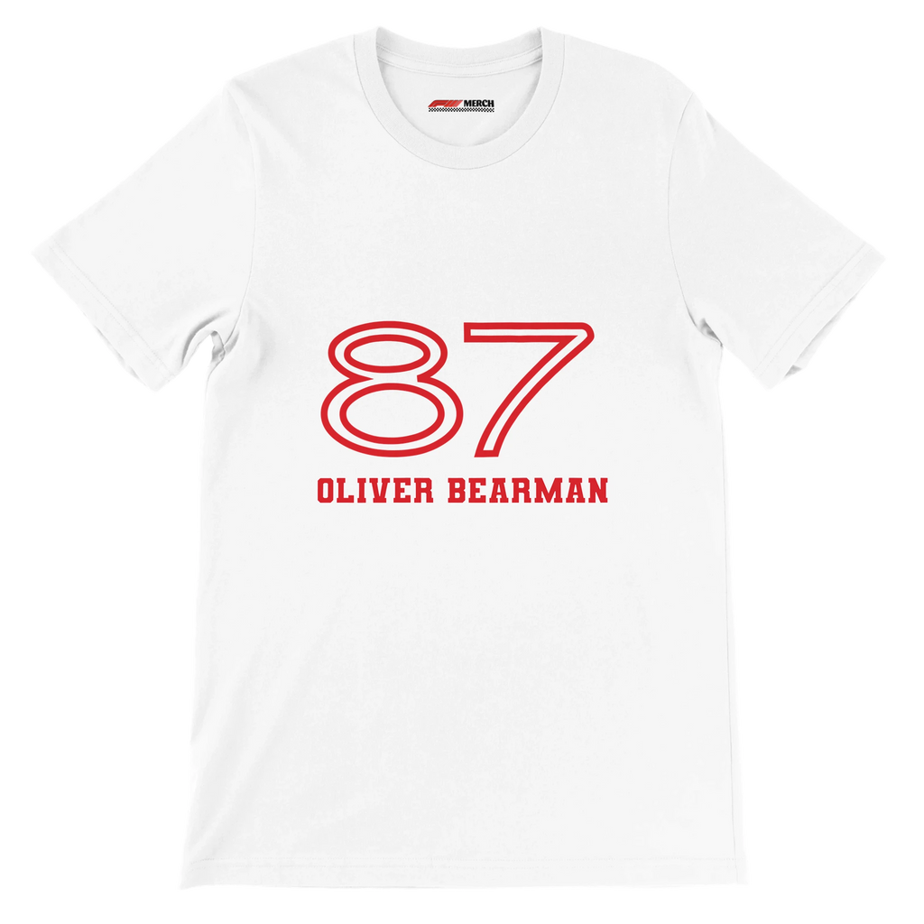 f111 merch white color t-shirt1 with oliver-bearman branding.