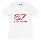 f111 merch white color t-shirt1 with oliver-bearman branding.