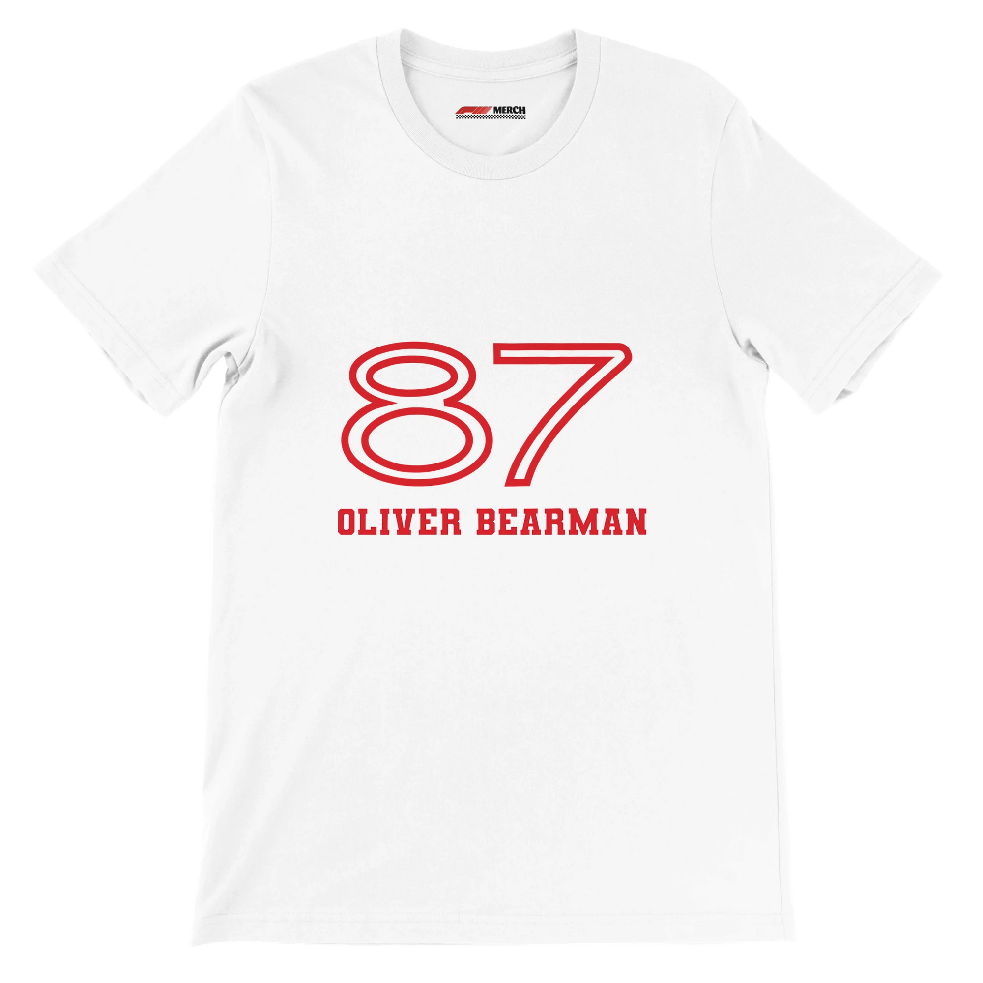 f111 merch white color t-shirt1 with oliver-bearman branding.