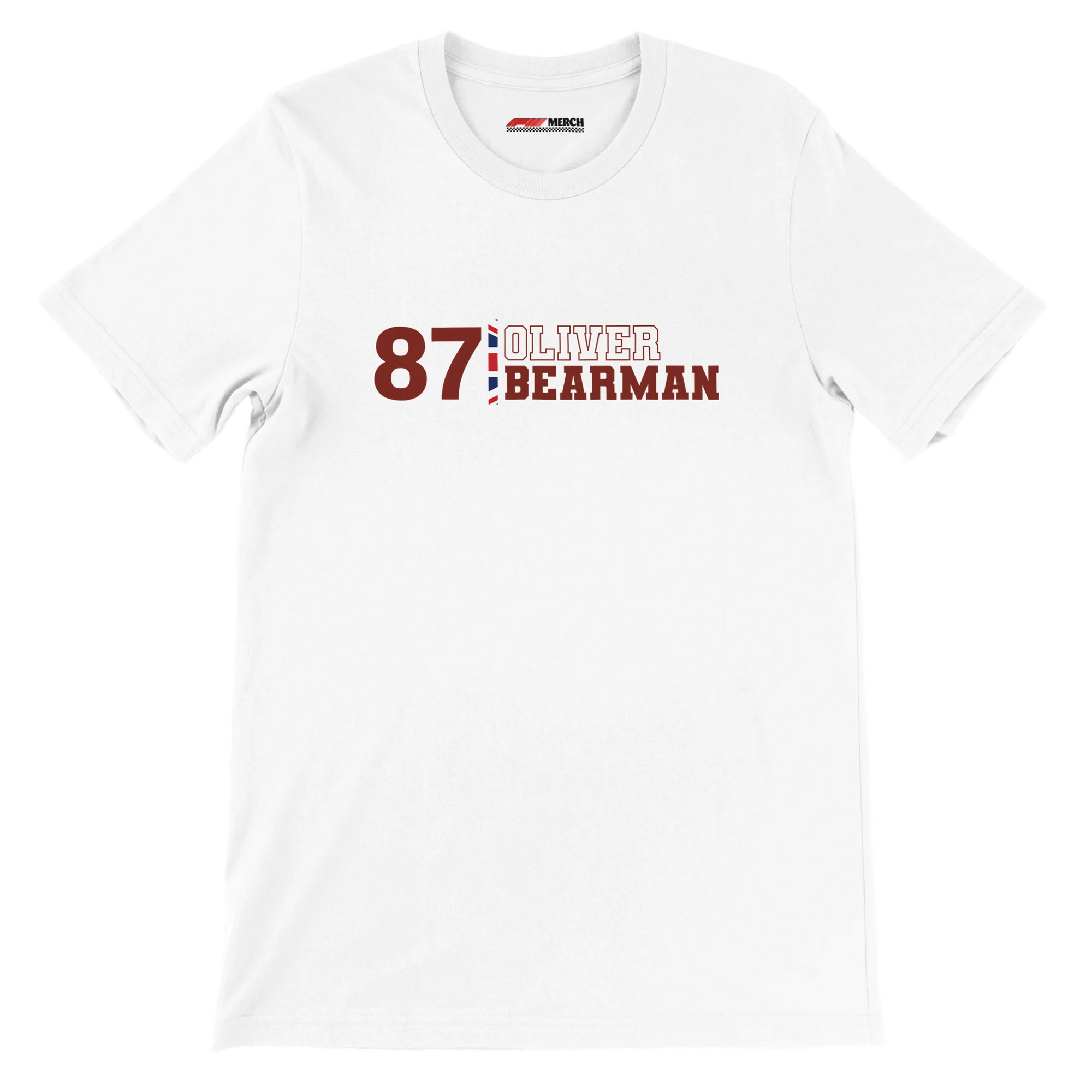f111 merch white color t-shirt1 with oliver-bearman branding.