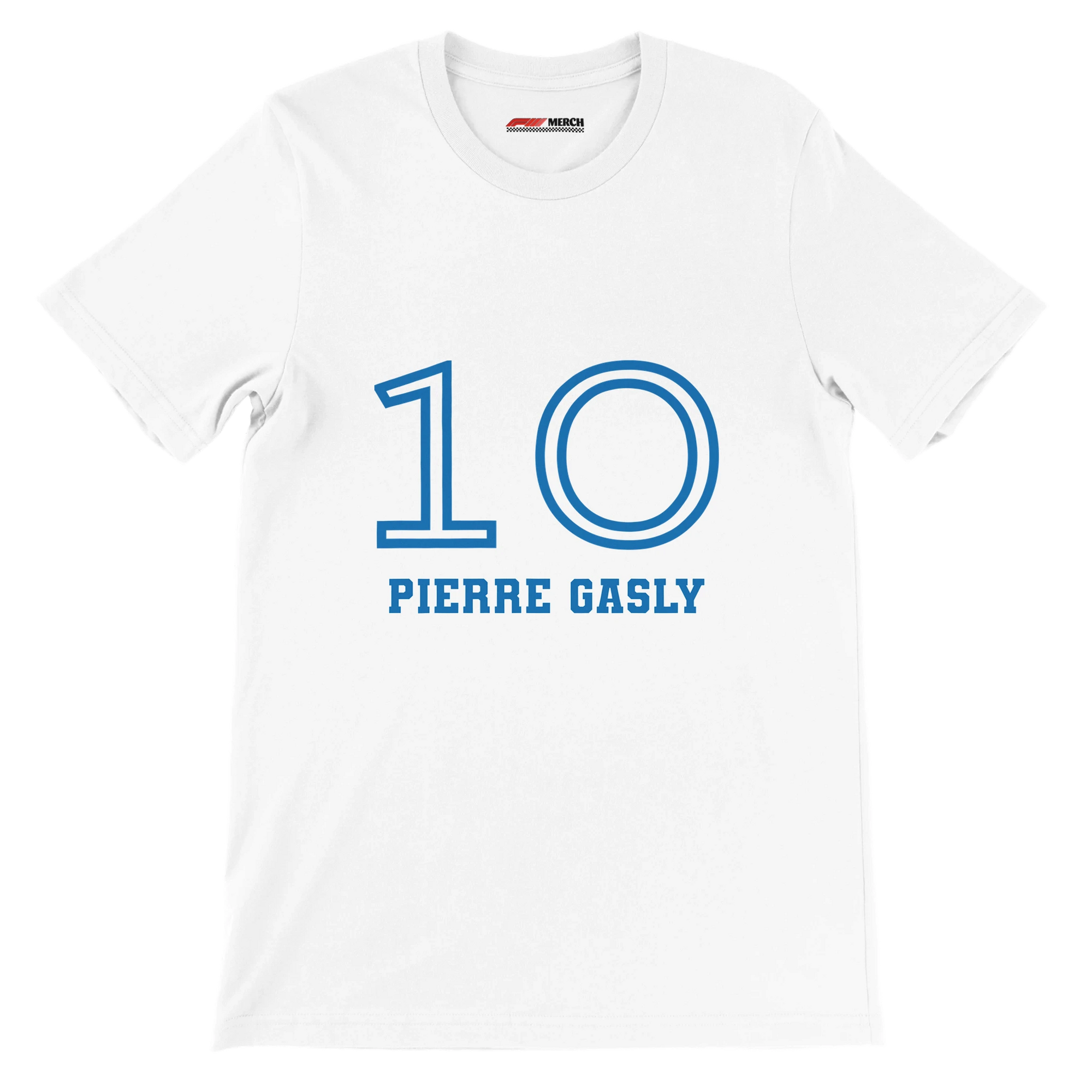 f111 merch white color t-shirt1 with pierre-gasly branding.