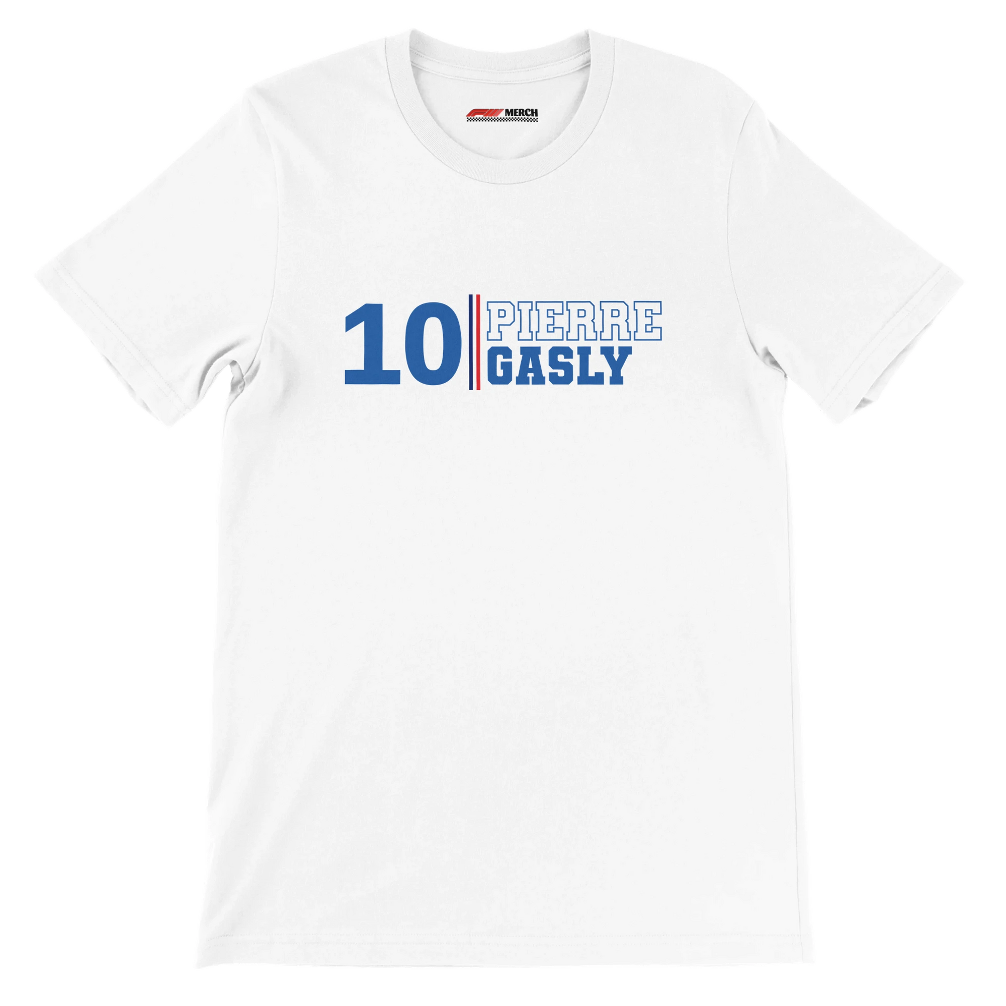 f111 merch white color t-shirt1 with pierre-gasly branding.