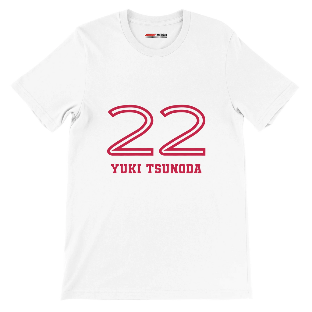 f111 merch white color t-shirt1 with yuki-tsunoda branding.