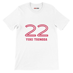 f111 merch white color t-shirt1 with yuki-tsunoda branding.