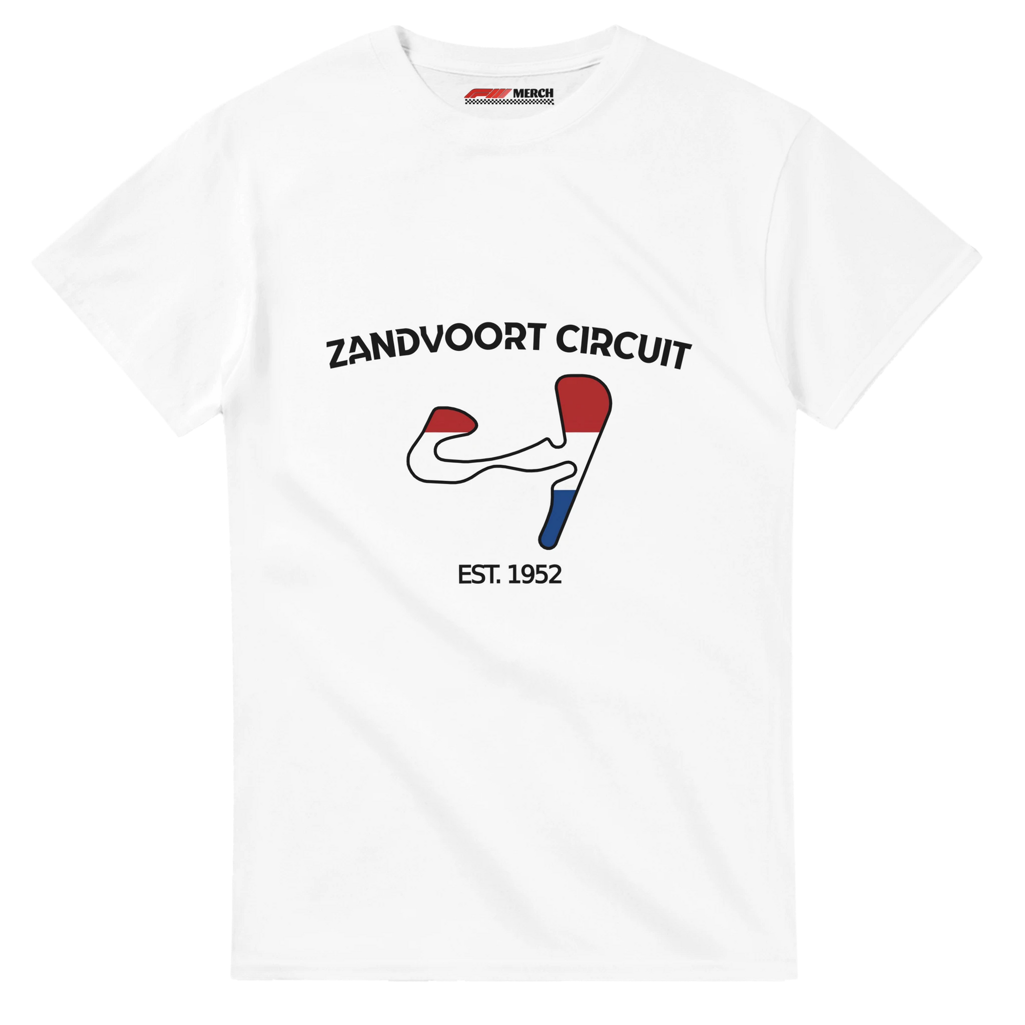 f111 merch white color t-shirt1 with zandvoort-circuit branding.
