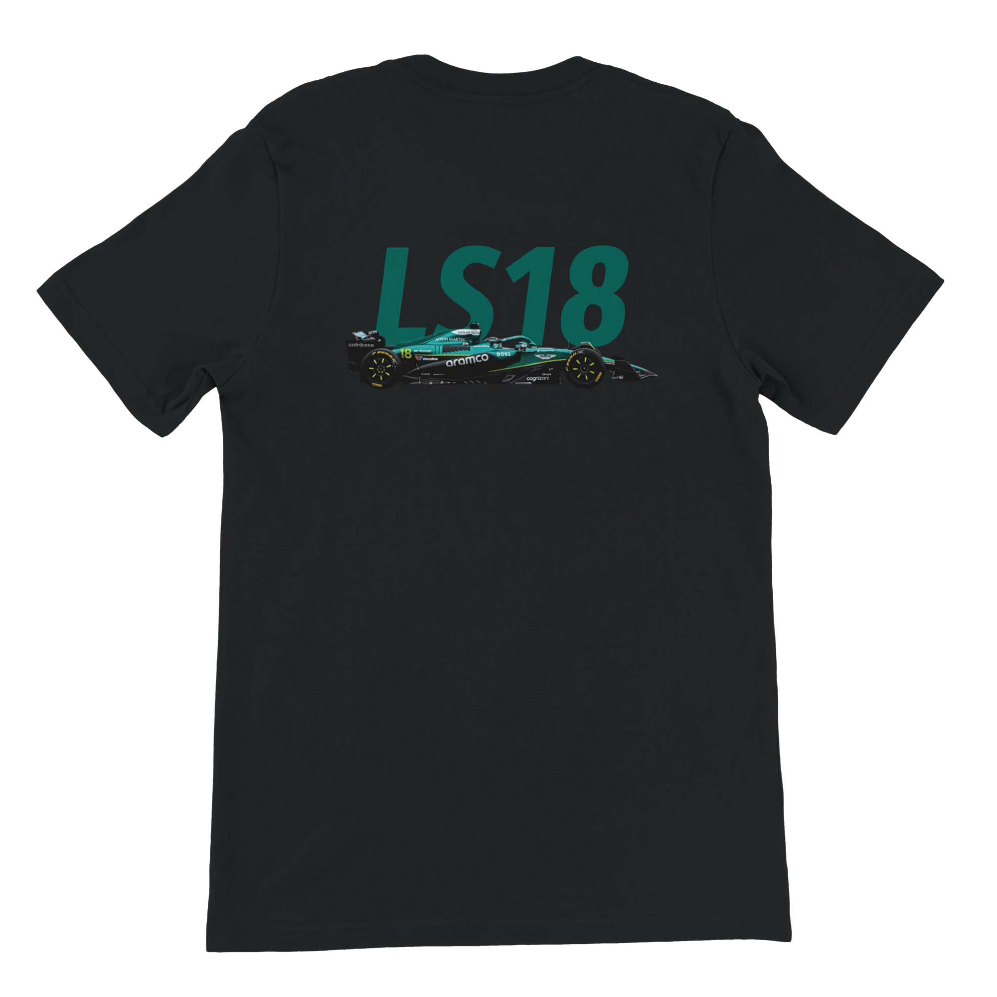 f111 merch black color t-shirt2 with lance-stroll branding.