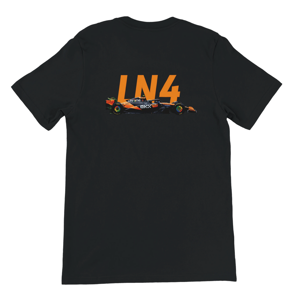 f111 merch black color t-shirt2 with lando-norris branding.