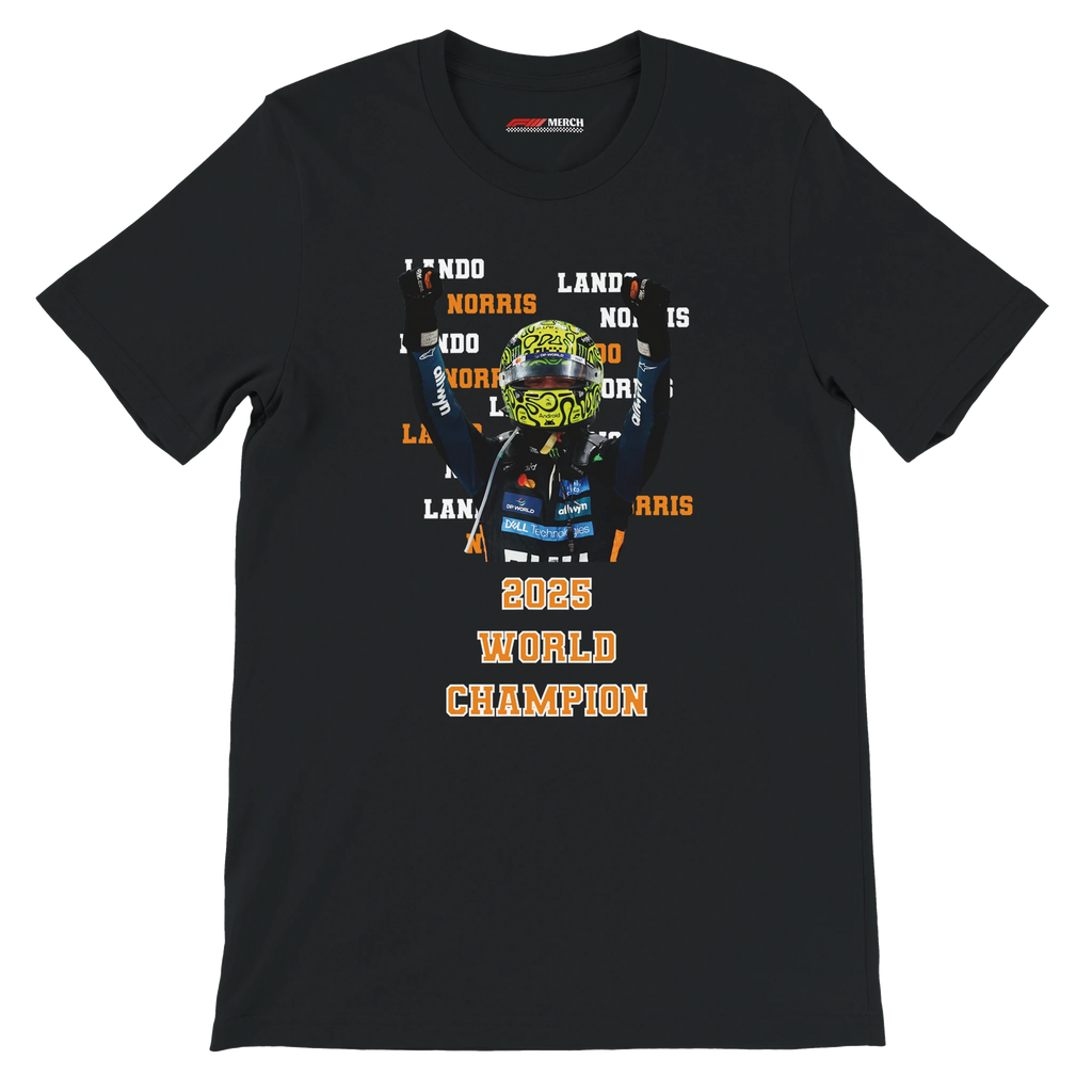 f111 merch black color t-shirt2 with lando-norris branding.