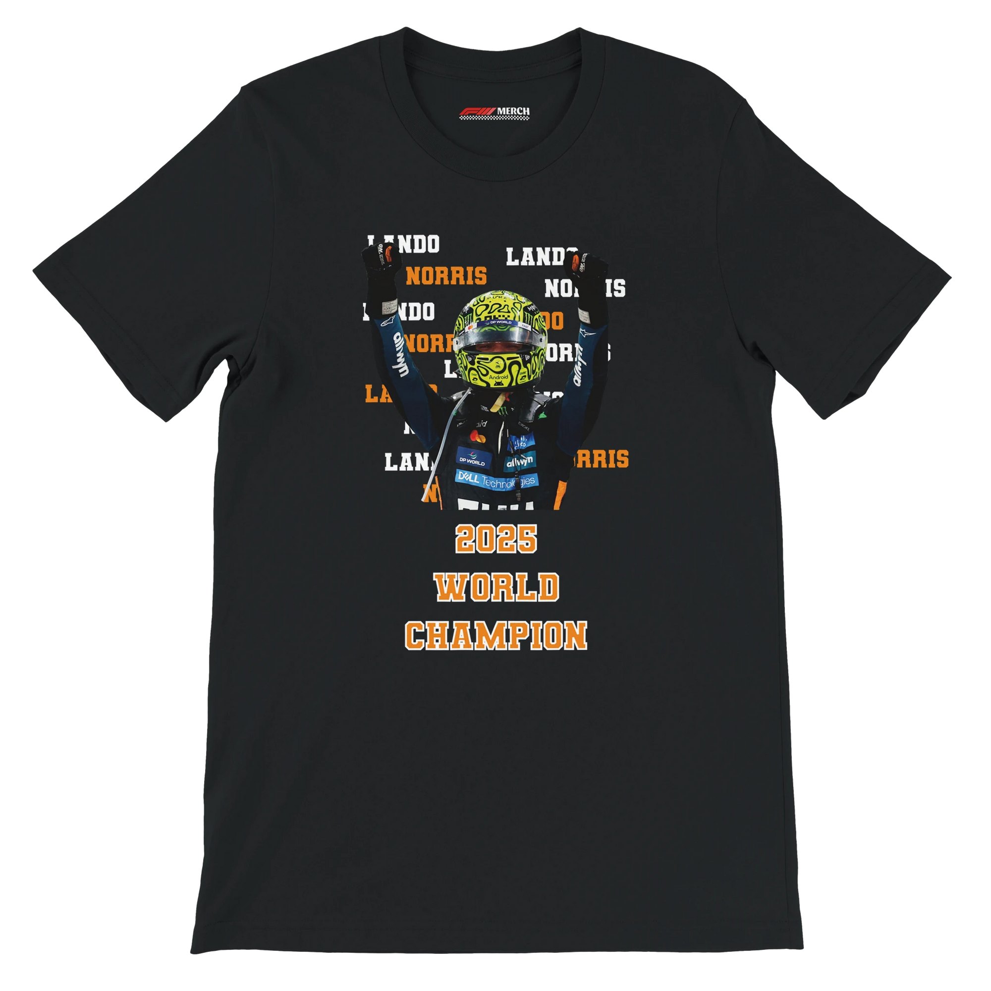 f111 merch black color t-shirt2 with lando-norris branding.
