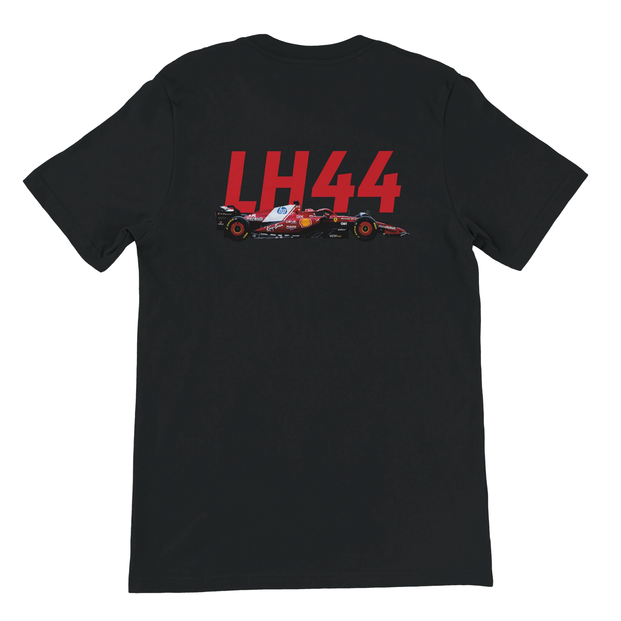 f111 merch black color t-shirt2 with lewis-hamilton branding.