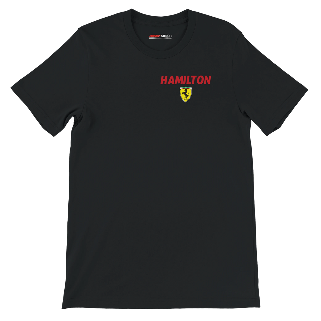 f111 merch black color t-shirt2 with lewis-hamilton branding.
