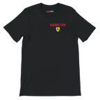 f111 merch black color t-shirt2 with lewis-hamilton branding.