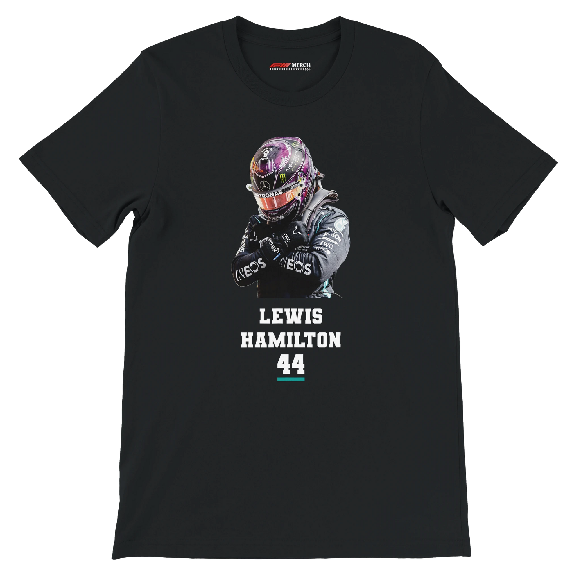 f111 merch black color t-shirt2 with lewis-hamilton branding.