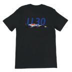 f111 merch black color t-shirt2 with liam-lawson branding.