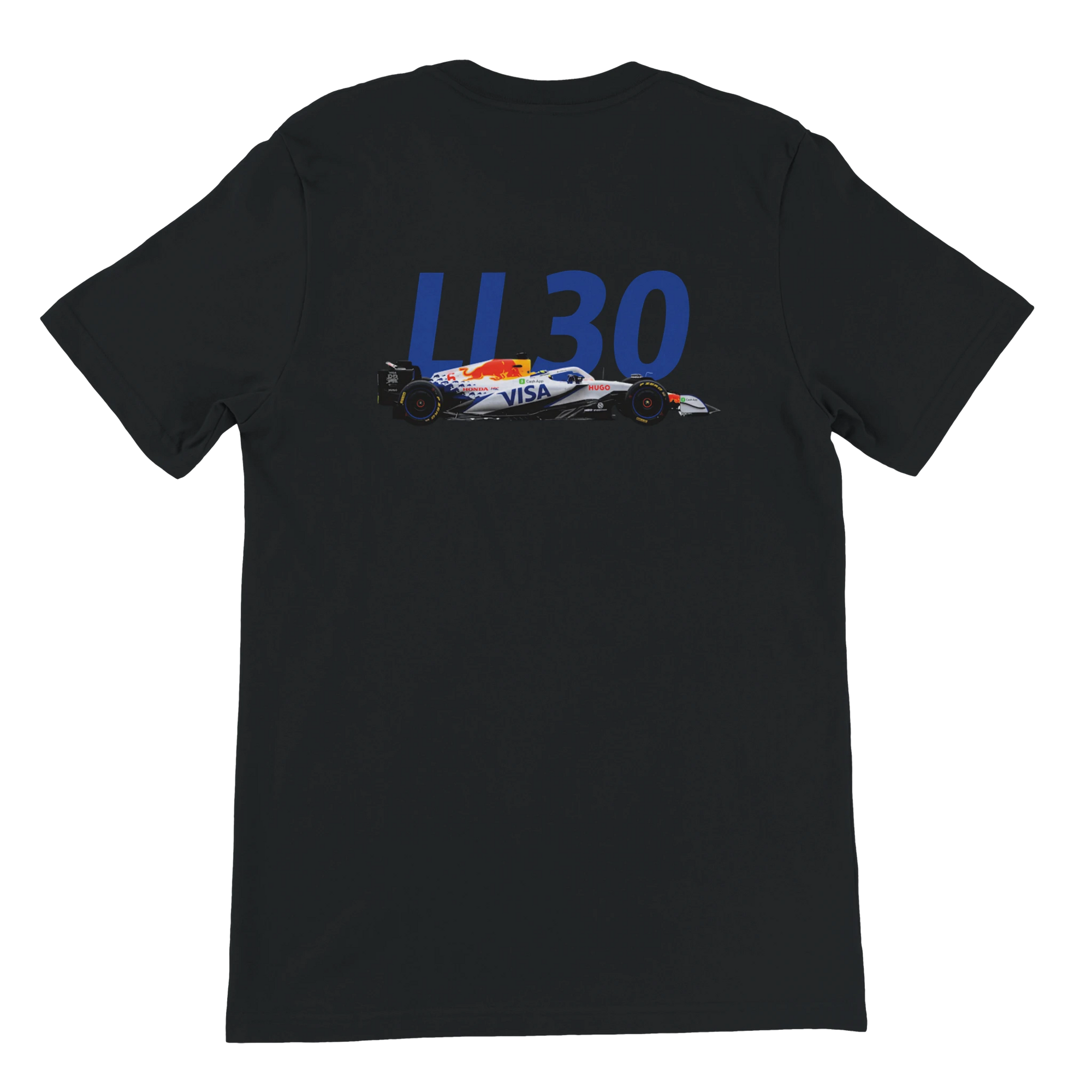 f111 merch black color t-shirt2 with liam-lawson branding.