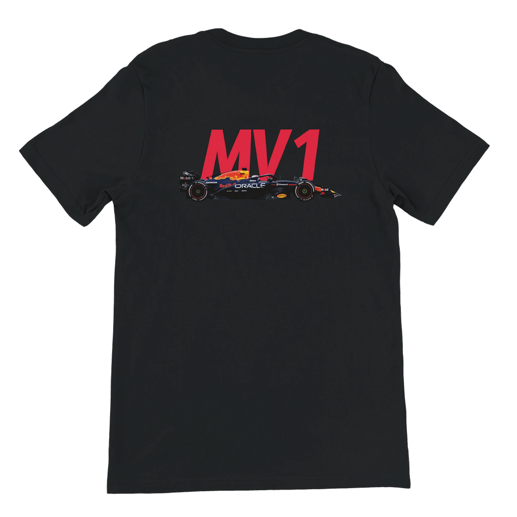 f111 merch black color t-shirt2 with max-verstappen branding.