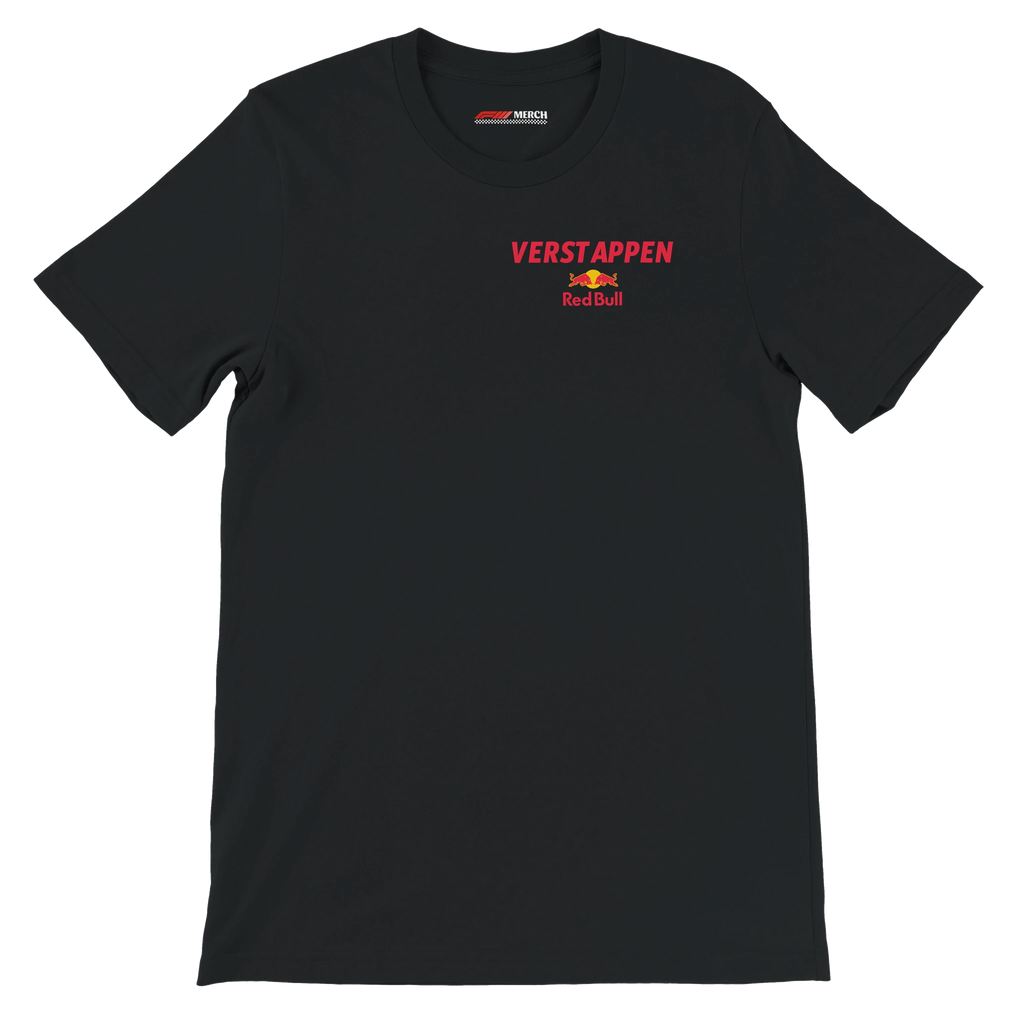 f111 merch black color t-shirt2 with max-verstappen branding.