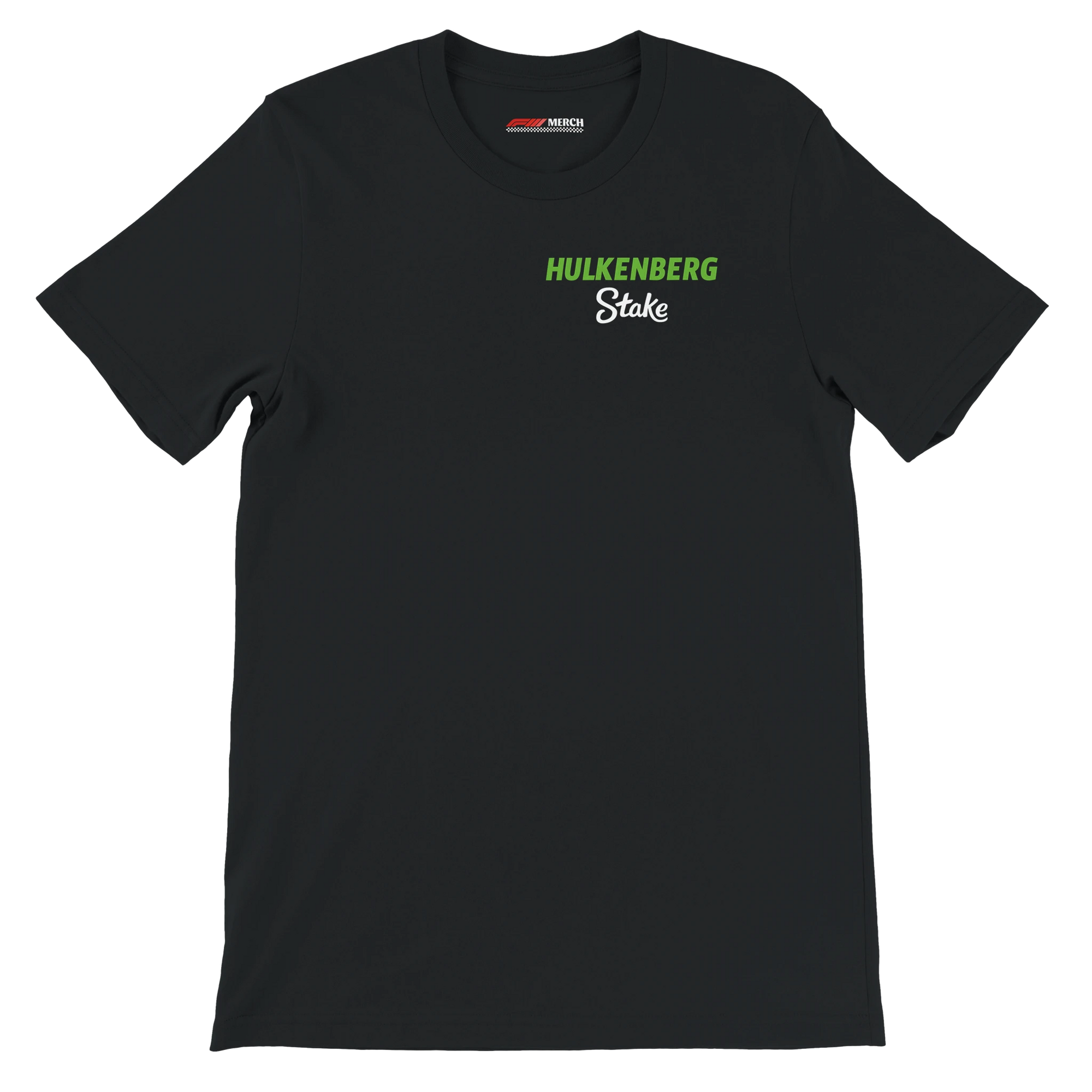 f111 merch black color t-shirt2 with nico-hulkenberg branding.