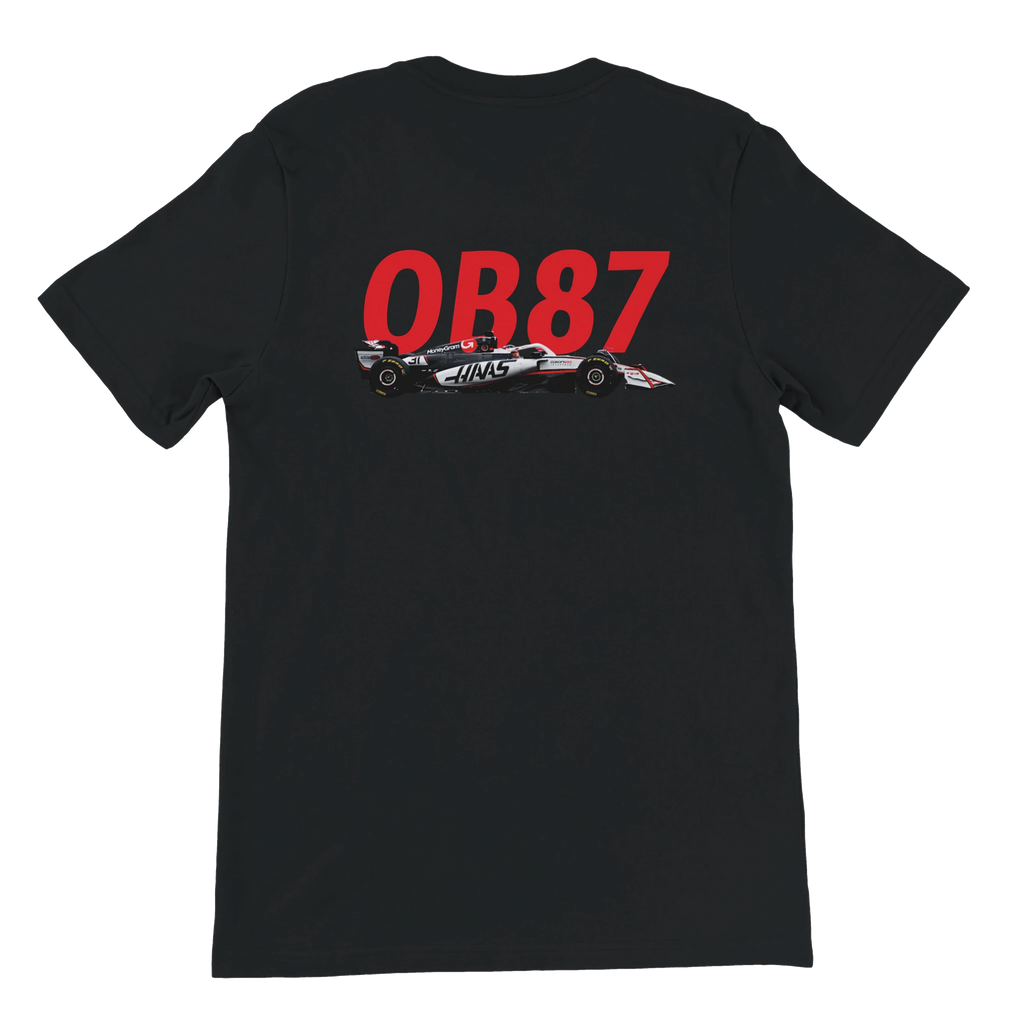 f111 merch black color t-shirt2 with oliver-bearman branding.