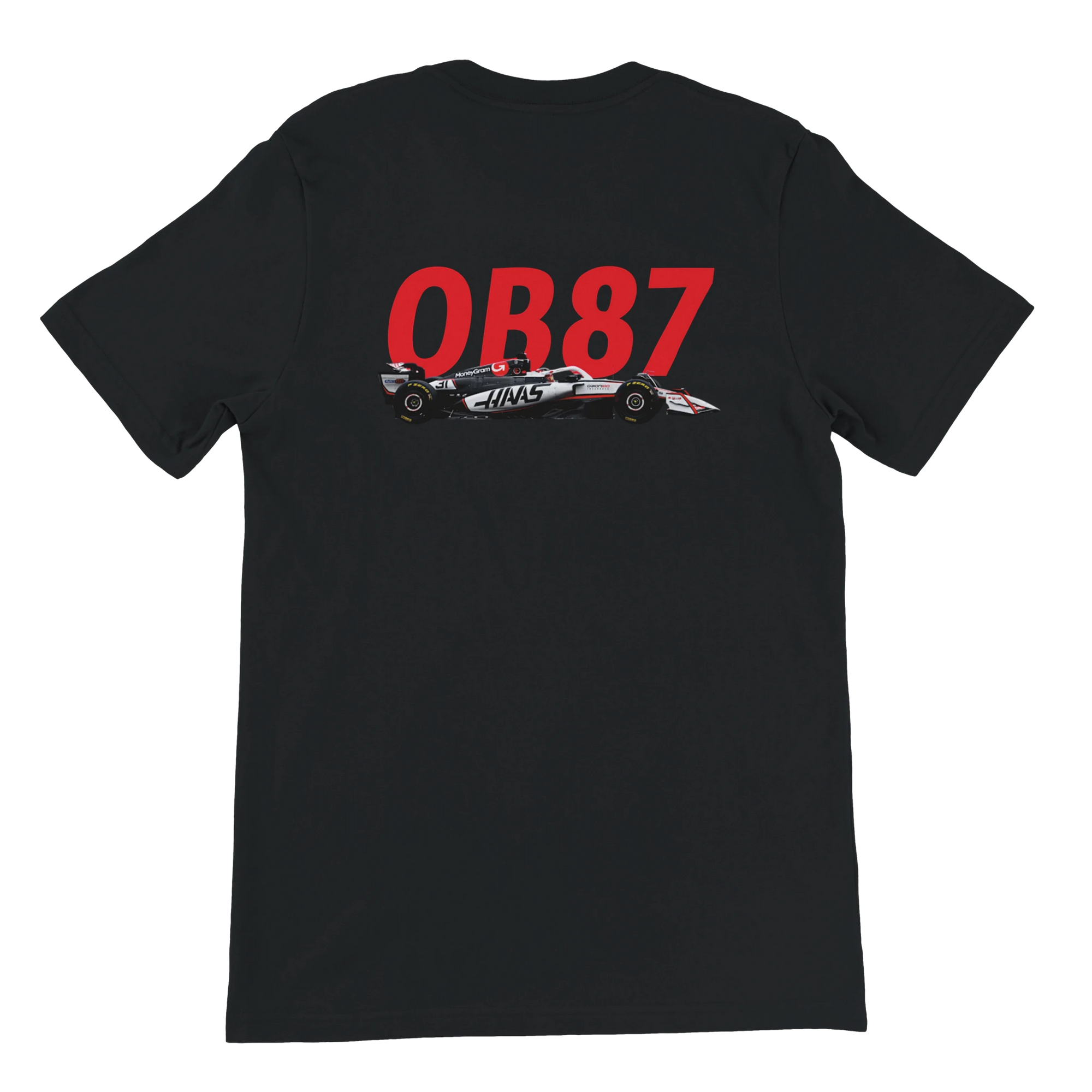 f111 merch black color t-shirt2 with oliver-bearman branding.