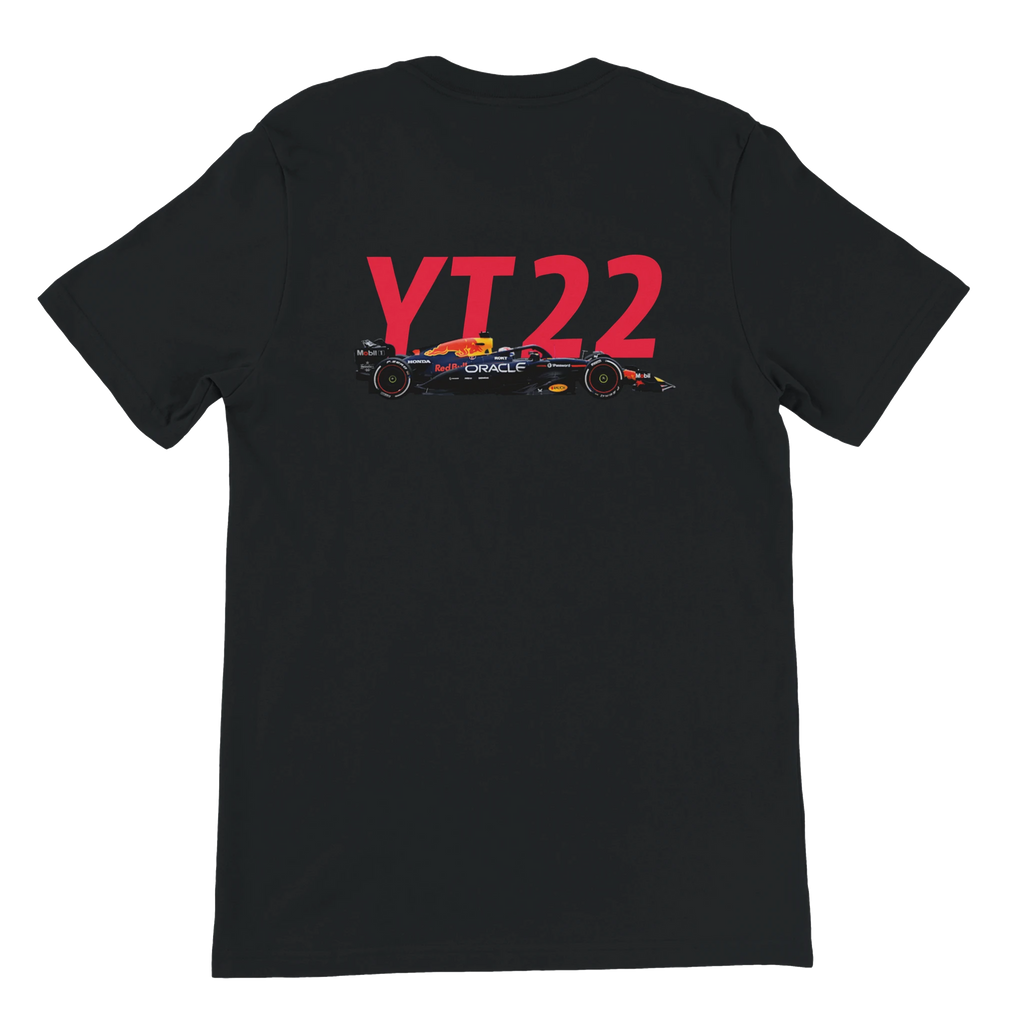 f111 merch black color t-shirt2 with yuki-tsunoda branding.