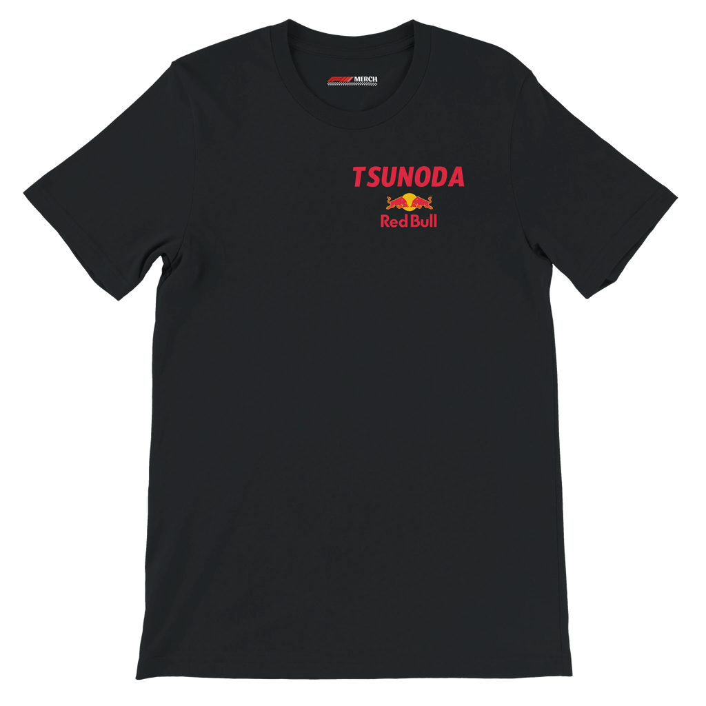 f111 merch black color t-shirt2 with yuki-tsunoda branding.