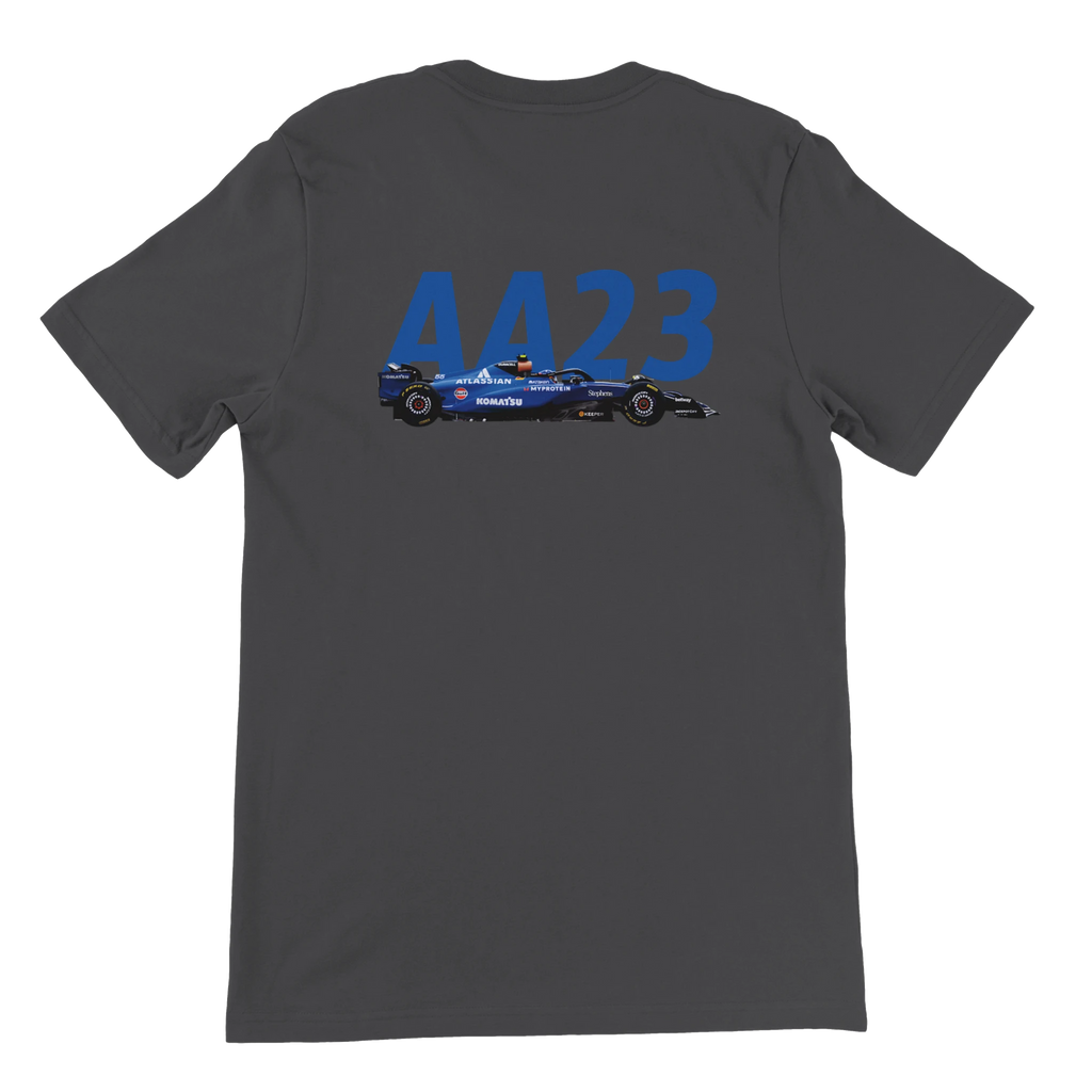 f111 merch dark-grey color t-shirt2 with alex-albon branding.