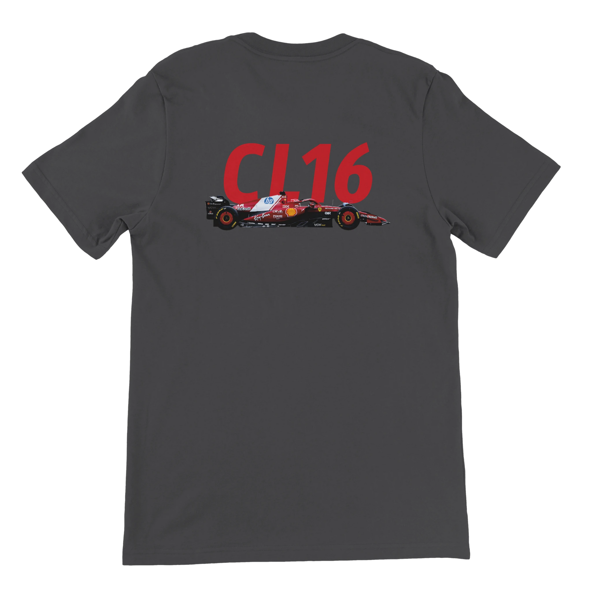 f111 merch dark-grey color t-shirt2 with charles-leclerc branding.