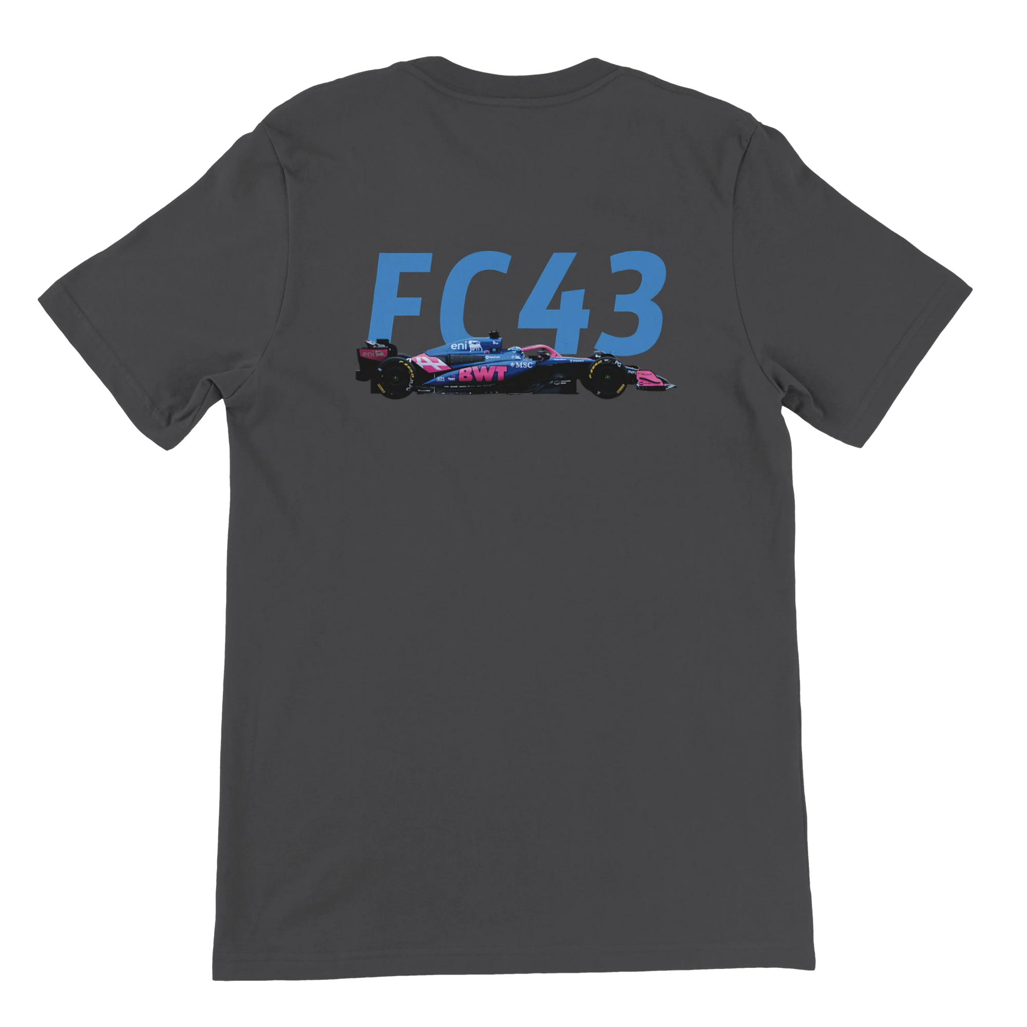 f111 merch dark-grey color t-shirt2 with franco-colapinto branding.