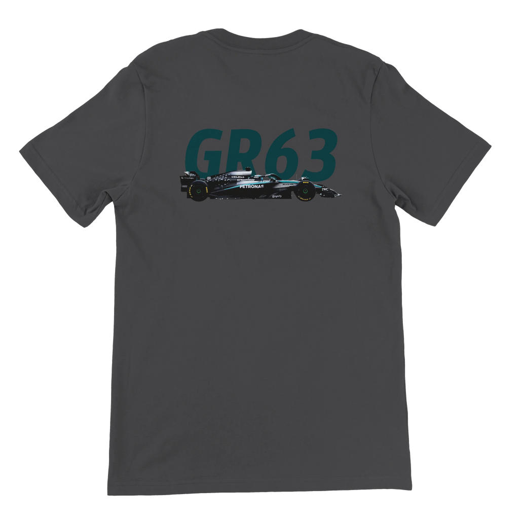 f111 merch dark-grey color t-shirt2 with george-russell branding.