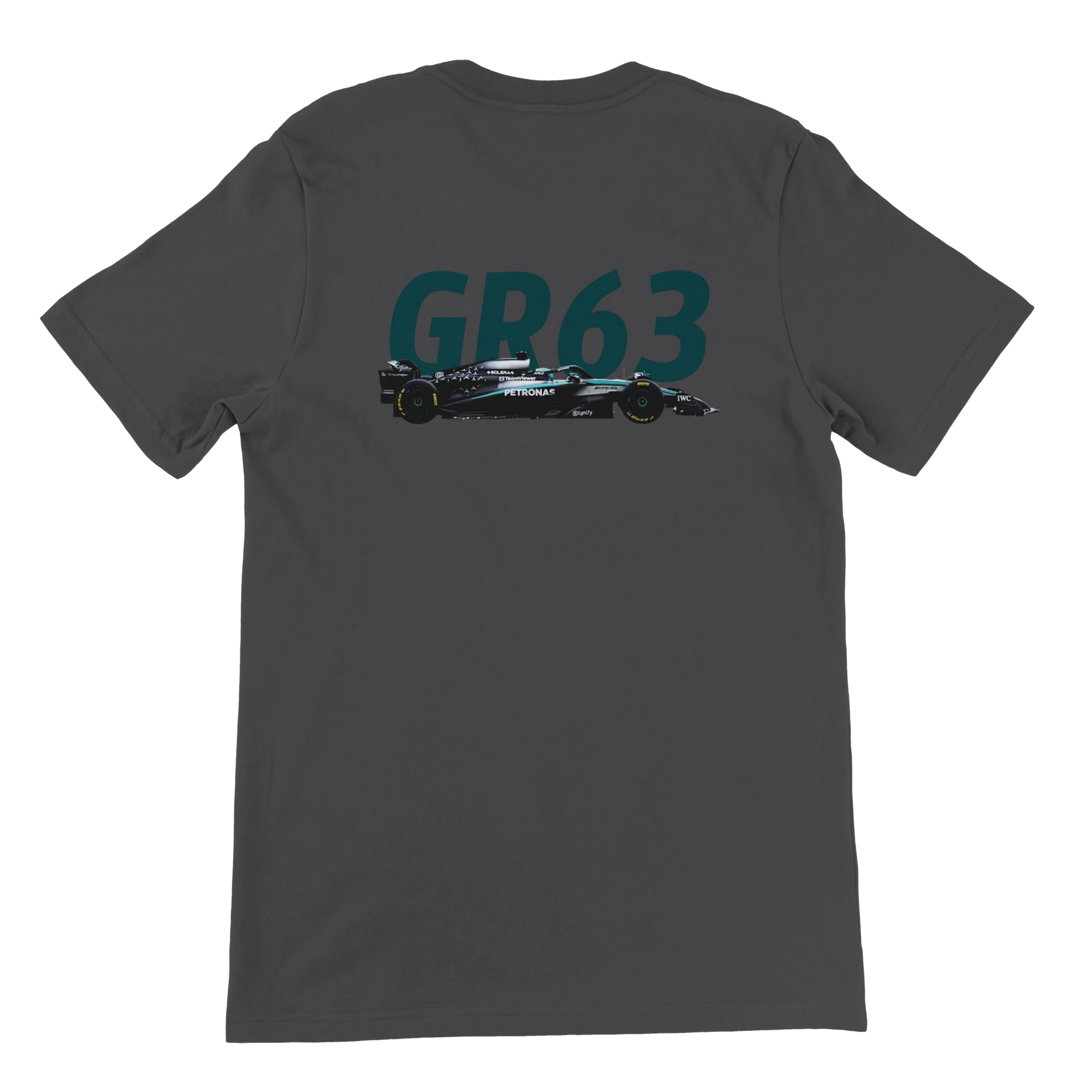 f111 merch dark-grey color t-shirt2 with george-russell branding.