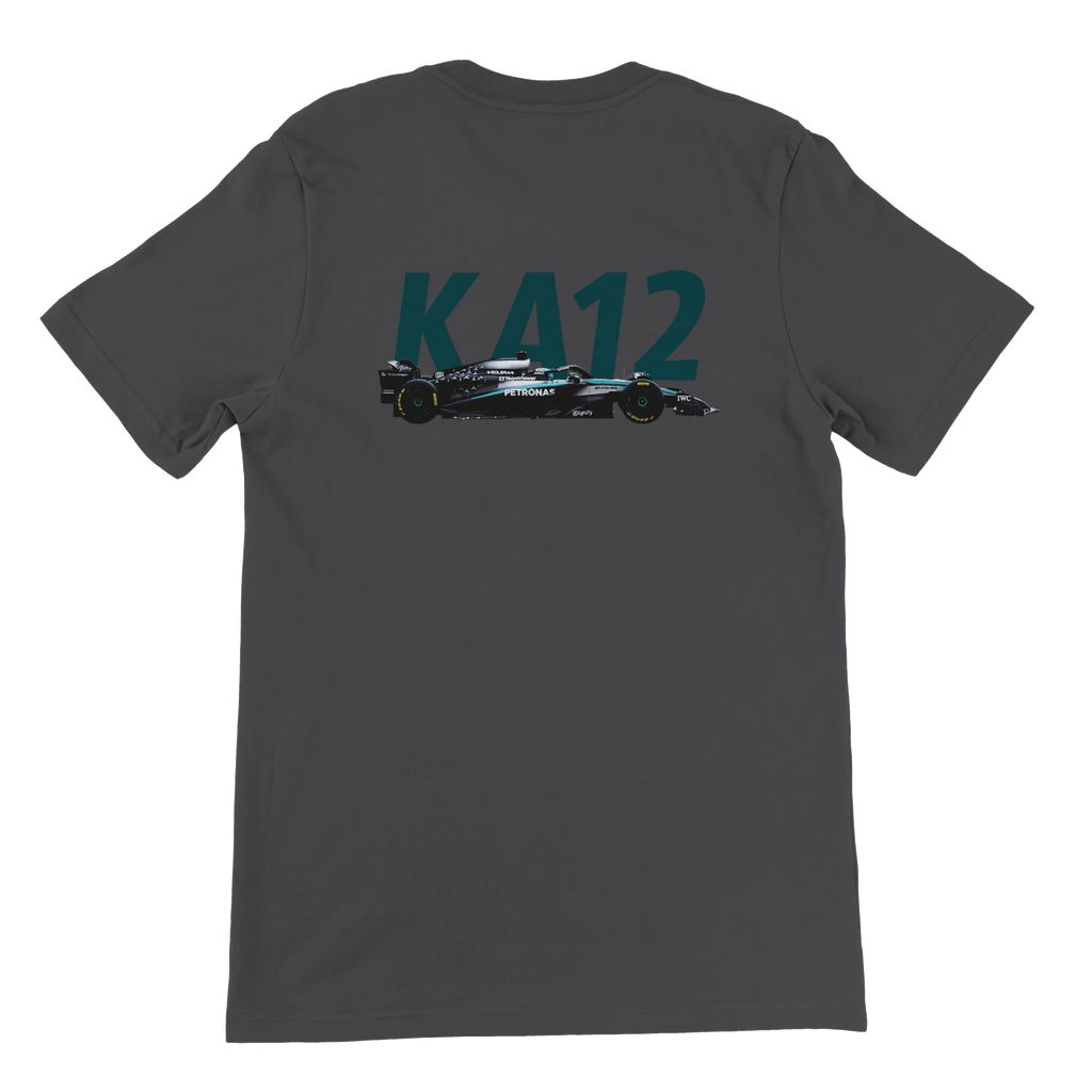 f111 merch dark-grey color t-shirt2 with kimi-antonelli branding.