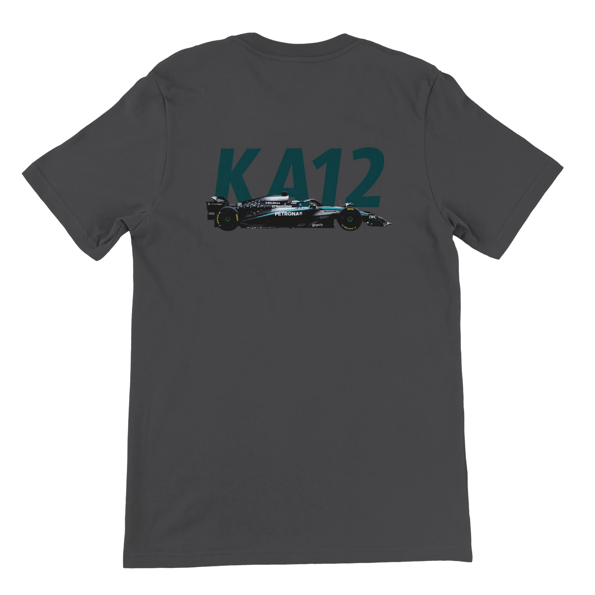 f111 merch dark-grey color t-shirt2 with kimi-antonelli branding.