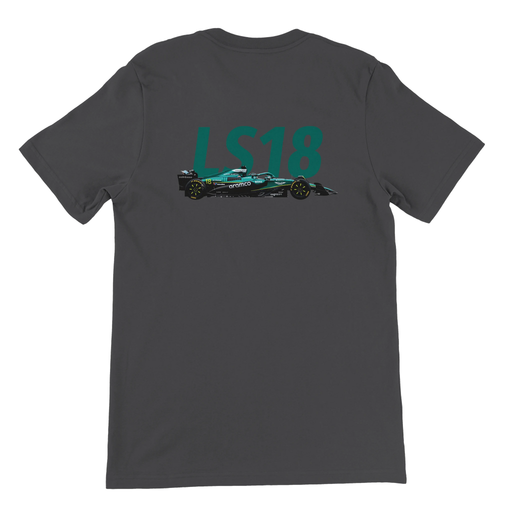 f111 merch dark-grey color t-shirt2 with lance-stroll branding.