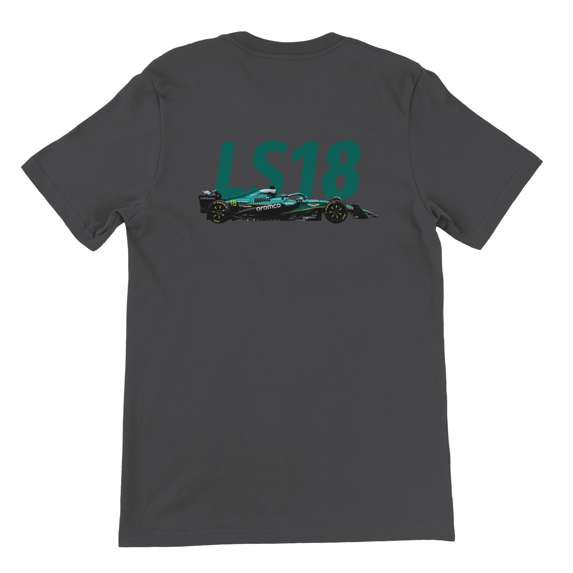 f111 merch dark-grey color t-shirt2 with lance-stroll branding.