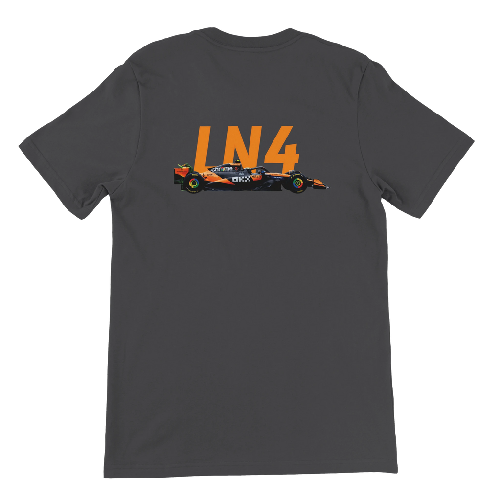 f111 merch dark-grey color t-shirt2 with lando-norris branding.