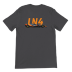 f111 merch dark-grey color t-shirt2 with lando-norris branding.