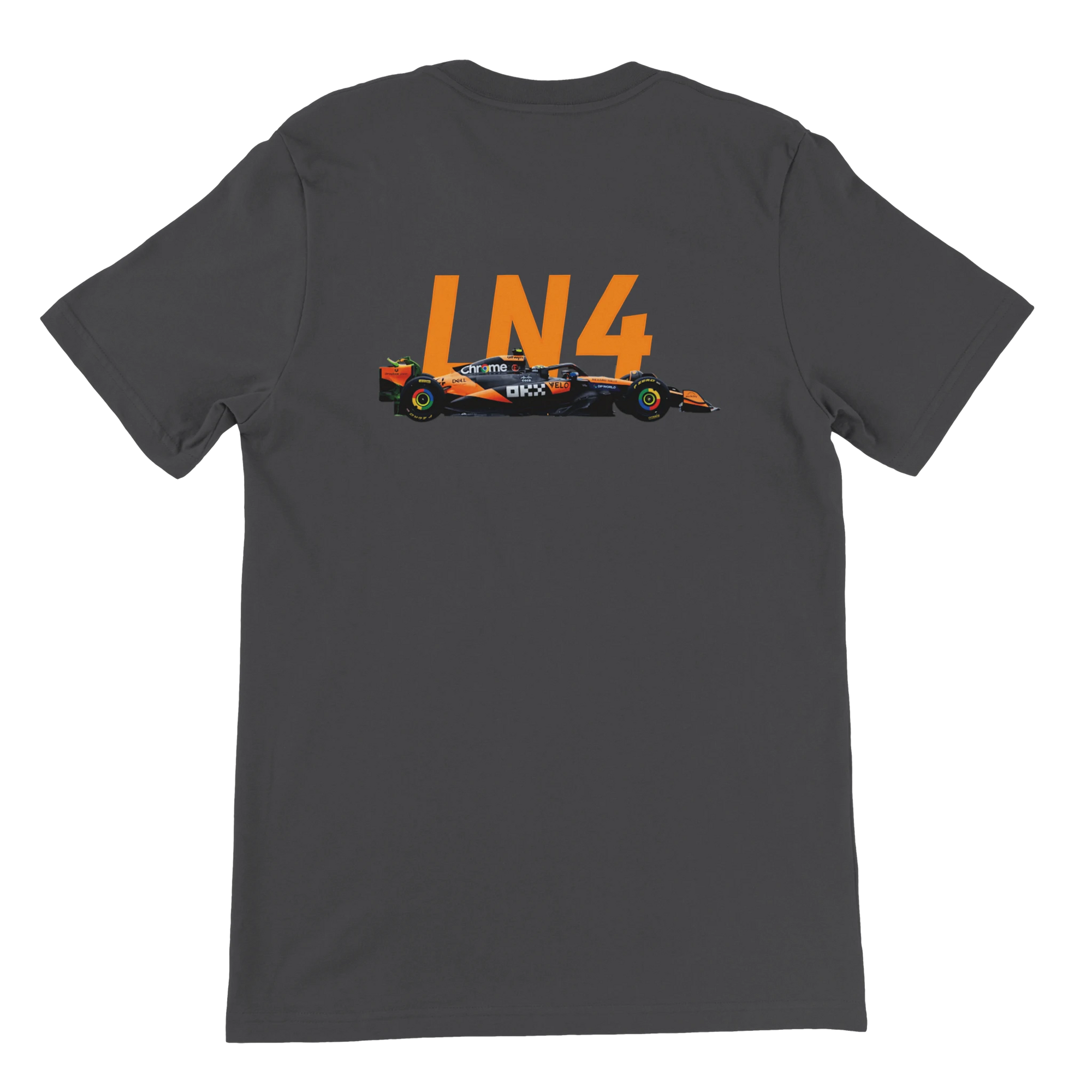 f111 merch dark-grey color t-shirt2 with lando-norris branding.