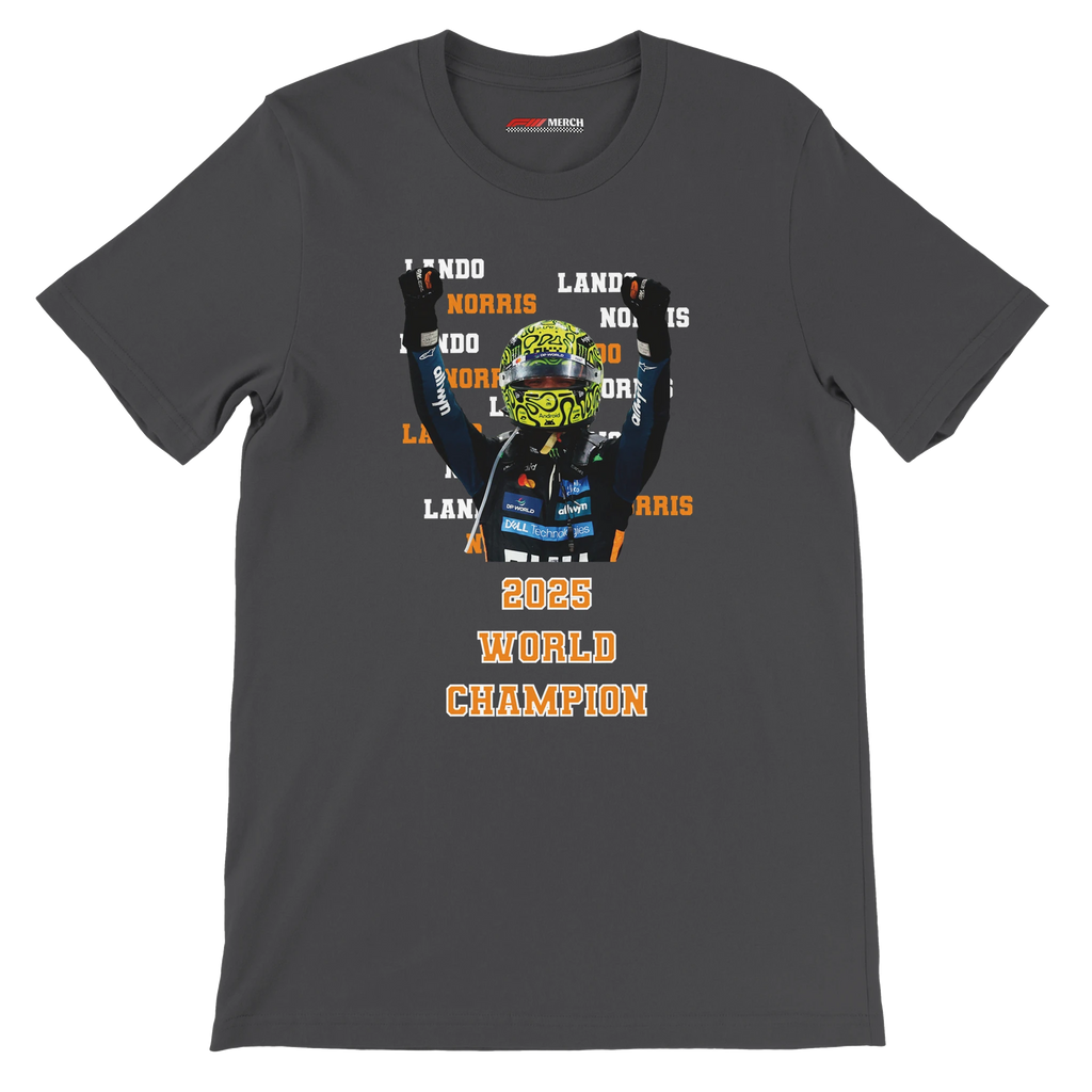 f111 merch dark-grey color t-shirt2 with lando-norris branding.